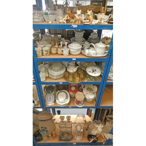 3397 - 5 SHELVES OF SILVER PLATED WARE, DINNERWARE, ORNAMENTS, ETC