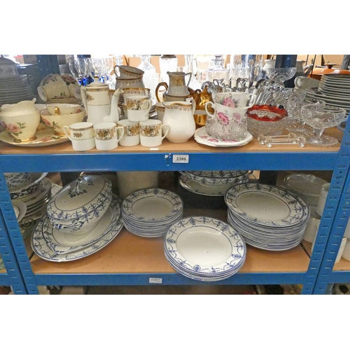 3399 - 2 SHELVES OF NORITAKE COFFEE SET, GLASSWARE, ADAMS BLUE & WHITE DINNERWARE, ETC