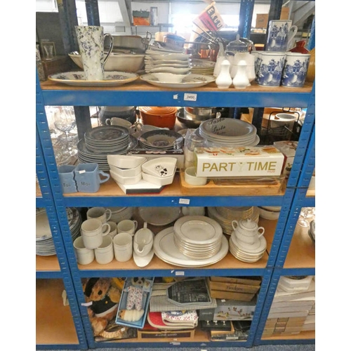 3400 - 4 SHELVES OF BLUE & WHITE WARE, GILT & WHITE DINNER SERVICE, YAKOKS TEDDY BEARS, ETC