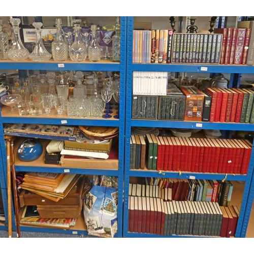 3403 - 8 SHELVES OF GLASSWARE, EDINBURGH CRYSTAL, WALL CLOCK, FRAMED PICTURES, BOOKS, CD'S, ETC