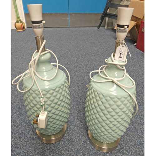 3408 - PAIR OF PORCELAIN TABLE LAMPS, HEIGHT OF BODY 38CM