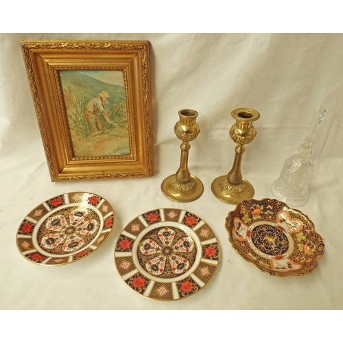 3409 - 3 CROWN DERBY DISHES, PAIR OF BRASS CANDLESTICKS, FRAMED WATERCOLOUR OF OLD MAN & CUT GLASS BELL