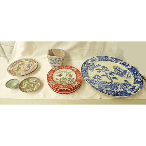 3411 - 6 ORIENTAL PLATES 22CM DIAMETER, LARGE BLUE & WHITE ORIENTAL PLATE 42CM DIAMETER, & 5 OTHER PIECES O... 