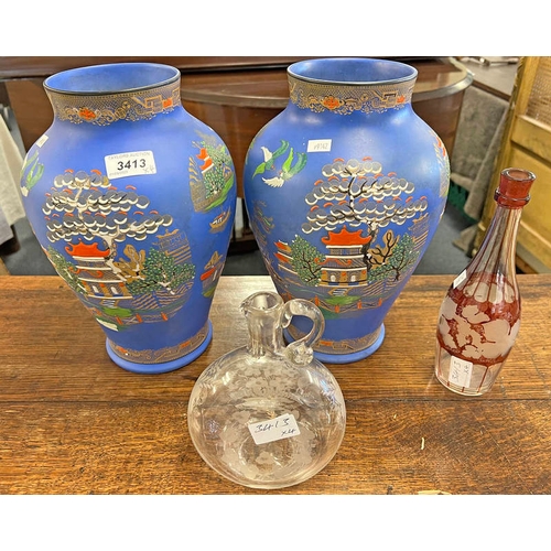 3413 - PAIR OF TAMS WARE CROWN POTTERY VASES, 19TH CENTURY ETCHED GLASS JUG, ETC