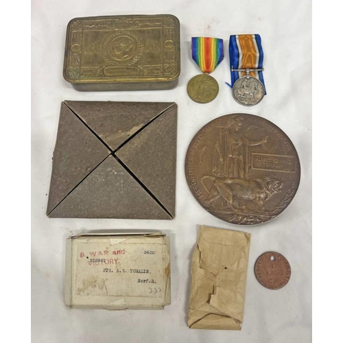 1001 - WW1 MEDAL GROUP TO ALBERT EDWARD TOMALIN OF THE NORFOLK REGIMENT, GROUP CONSISTING OF DEATH PENNY (A... 