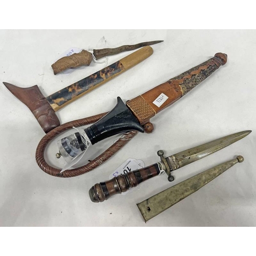 1013 - MALAYSIAN KRIS WITH 11.2 CM LONG BLADE WITH SCABBARD, AFRICAN TRIBAL DAGGER WITH SCABBARD AND A NORT... 