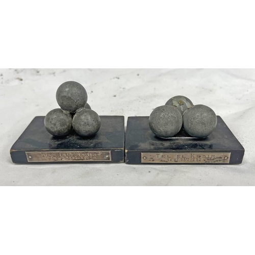 1044 - 3 LEAD SHOT BALLS MOUNTED ON PLINTH WITH WHITE METAL PLAQUE THAT READS ''TEL EL KEBIR SEPT 13TH 1882... 