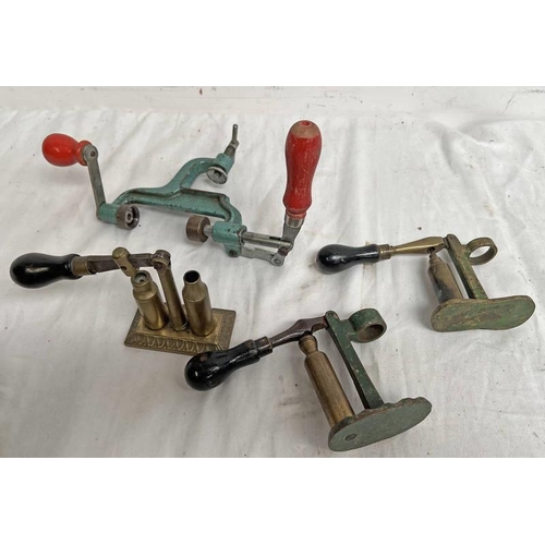 1068 - FOUR VARIOUS RELOADING TOOLS, 3 CAPPER DECAPPERS AND A BENCH MOUNTED ROLL TURN OVER TOOL