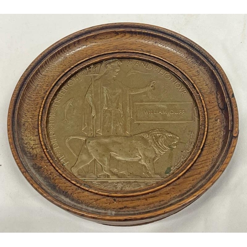 1074 - WW1 DEATH PENNY TO A WILLIAM DUFF IN AN OAK FRAME