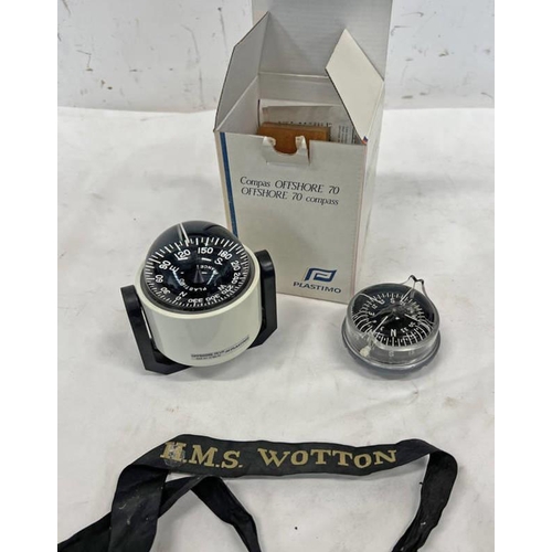 1222 - PLASTIMO OFFSHORE 70 COMPASS WITH BOX & PAPERWORK, SESTREL COMPASS & A HMS WOTTON HAT TALLY -3-