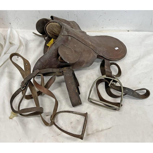 1345 - SMALL SADDLE POSSIBLY FOR A PONY, WITH LEATHER STRAPS AND STIRRUPS