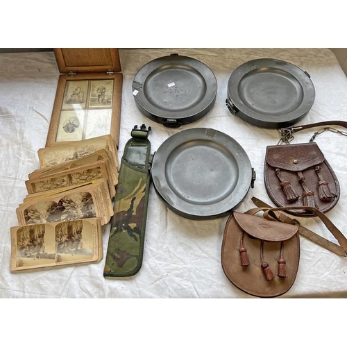 1361 - 2 LEATHER SPORRANS, FROG BAYONET, VARIOUS STEREO CARDS TO INCLUDE BROOKLYN BRIDGE, COTTON PICKING GE... 