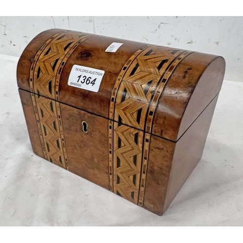 1364 - INLAID WALNUT DOME TOPPED TEA CADDY. 20CM LONG