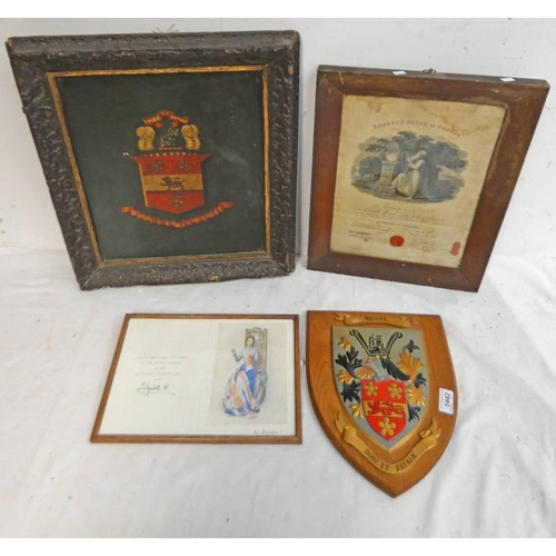 1442 - 19TH CENTURY FRAMED PAINTING ON BOARD OF THE ARMS OF HUNT, HUNT SHIELD, ANCIENT ORDER OF THE DRUIDS ... 