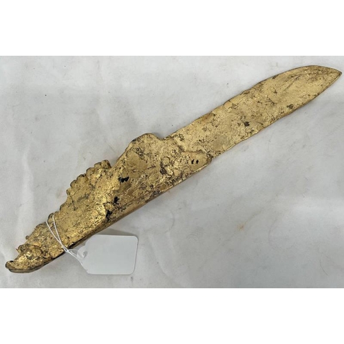 1450 - OBSIDIAN BLADED NATIVE AMERICAN KNIFE WITH JAW BONE HANDLE PAINTED GOLD OVERALL