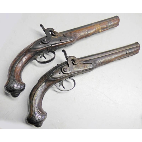 1451 - PAIR OF 19TH CENTURY TURKISH PERCUSSION HOLSTER PISTOLS CONVERTED FROM FLINTLOCK, WITH TWO STAGE RUS... 