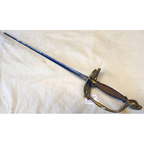 1455 - U.S STYLE DRESS SWORD WITH GILT GUARD, BOUND GRIP, SHAPED POMMEL & 58.5CM LONG BLADE (TIP SNAPPED)