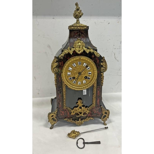 1457 - LATE 19TH CENTURY GILT BULLE AND TORTOISHELL INLAID MANTLE CLOCK, 40 CM TALL