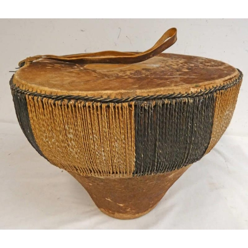 1492 - LARGE TRIBAL HIDE BOUND DRUM 35.5CM TALL & 47CM ACROSS