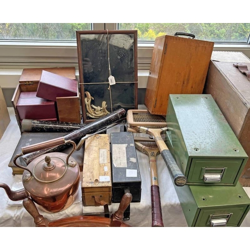 1493 - MAHOGANY AND GLASS DISPLAY CASE WITH TUSKS, MAP TUBE, METAL FILING CABINETS, TENNIS RACQUETS, MICROS... 