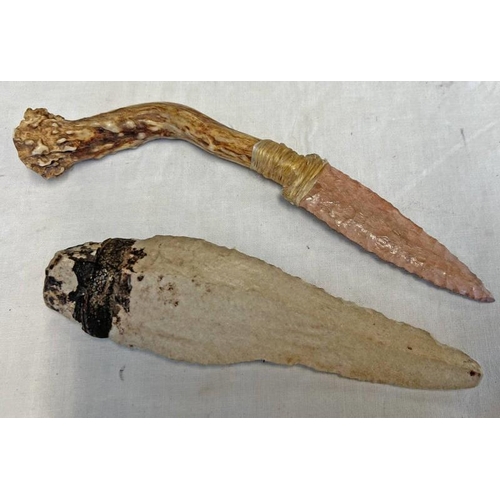 1500 - TWO KNAPPED FLINT KNIVES, ONE WITH ANTLER GRIP