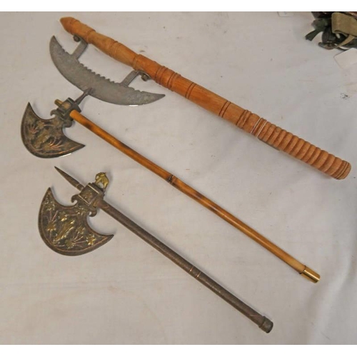 1516 - 2 INDIAN ORNAMENTAL AXES & 1 OTHER AXE ON TURNED WOODEN SHAFT -3-