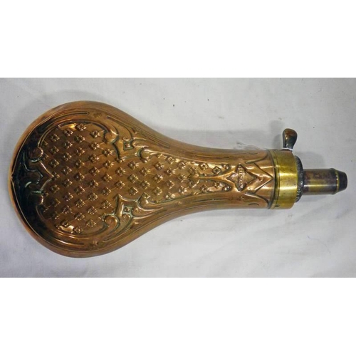 1524 - 19TH CENTURY COPPER SHOT FLASK WITH EMBOSSED MARK DIXON, 19CM LONG