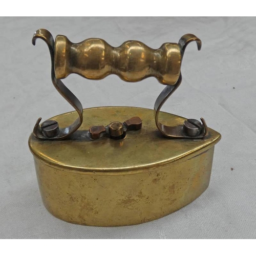 1527 - 19TH CENTURY BRASS MINIATURE BLOCK IRON WITH TURNED BRASS HANDLE, COPPER LOCKING CATCH AND STEEL RET... 