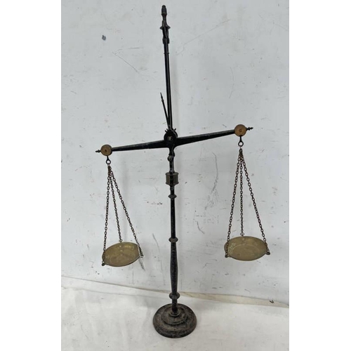 1535 - 19TH CENTURY CAST METAL  BEAM SCALES, CENTRAL IRON SHAFT WITH TURNED CIRCULAR BASE WITH SHAPED SHAFT... 