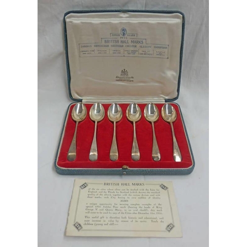 16 - CASED SET OF 6 JUBILEE SILVER TEA SPOONS, SILVER 1935 BRITISH HALLMARKS IN FITTED CASE