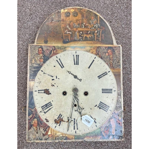 1650 - GRANDFATHER CLOCK FACE AND WORKS, FACE PAINTED WITH PROMINENT SCOTTISH FIGURES (AF)