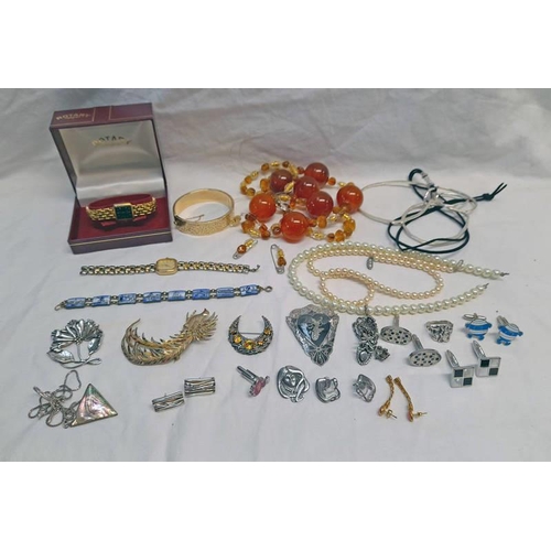 19 - VARIOUS 925 SILVER EARRINGS, RING, ETC. PASTE PEARL NECKLACES, ROTARY WRISTWATCH ETC