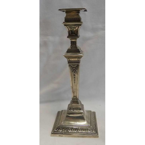 29 - SILVER FLORAL DECORATED CANDLESTICK ON SQUARE BASE, SHEFFIELD 1903 - 27CM TALL