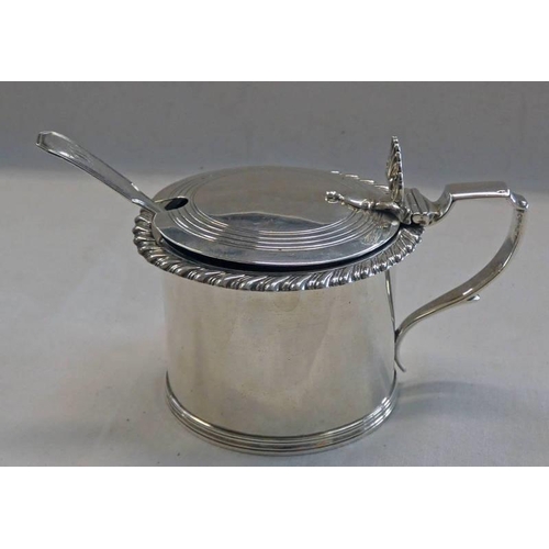 4 - GEORGIAN SILVER DRUM MUSTARD POT WITH GADROON BORDER & BLUE GLASS LINER BY JOHN, HENRY & CHARLES LIA... 