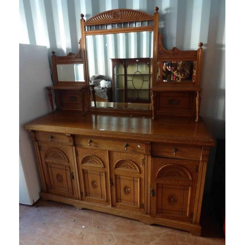 5058 - 19TH CENTURY OAK MIRROR BACK SIDEBOARD OF 3 DRAWERS OVER 4 PANEL DOORS WITH DECORATIVE CARVING, WIDT... 