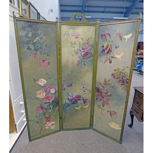 5070 - LATE 19TH CENTURY OAK FRAMED 3 PART FOLDING SCREEN WITH FLORAL DECORATION 181CM TALL