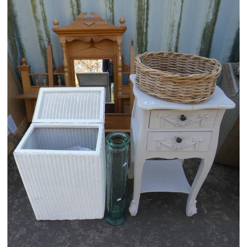 5073 - PAINTED BEDSIDE TABLE WITH 2 DRAWERS, LLOYD LOOM LINEN BASKET, GLASS VASE ETC