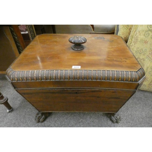 5113 - 19TH CENTURY MAHOGANY CELARETTE WITH LIFT TOP ON PAW FEET.  47 CM TALL X 68 CM WIDE