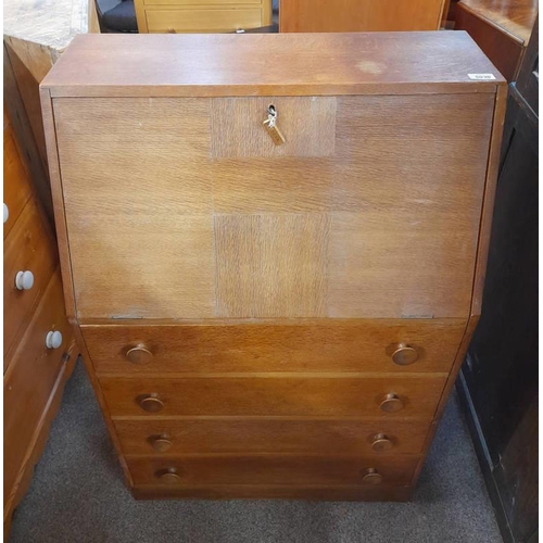 5245 - OAK BUREAU WITH FALL FRONT OVER 4 DRAWERS, 107CM TALL X 72CM WIDE