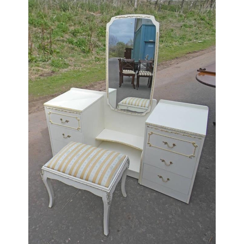 5247 - WHITE & GILT CHILD'S DRESSING TABLE WITH MIRROR AND 6 DRAWERS AND WHITE AND GILT STOOL.  130 CM TALL