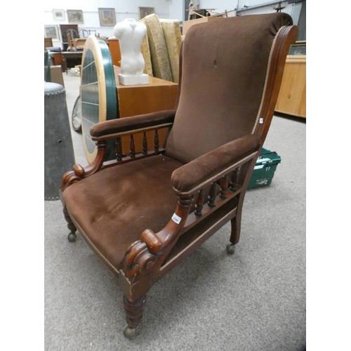 5290 - 19TH CENTURY MAHOGANY FRAMED LIBRARY ARMCHAIR ON TURNED SUPPORTS