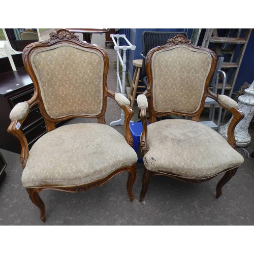 5291 - PAIR OF LATE 19TH CENTURY CONTINENTAL CARVED WALNUT FRAMED OPEN ARMCHAIRS ON CABRIOLE SUPPORTS