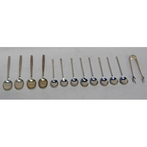 53 - SET OF 8 SILVER COFFEE SPOONS, SET OF 4 SILVER COFFEE SPOONS & PAIR OF SILVER SUGAR TONGS - 105G