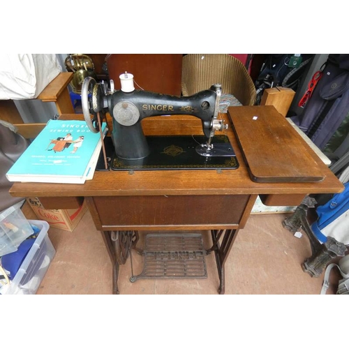 5354 - MAHOGANY SINGER SEWING TABLE WITH SINGLE DRAWER & FOLD OUT MACHINE ON CAST IRON TREADLE MACHINE NO E... 