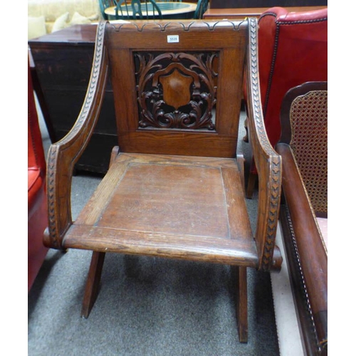 5535 - 19TH CENTURY CARVED OAK OPEN ARMCHAIR ON X-SUPPORTS