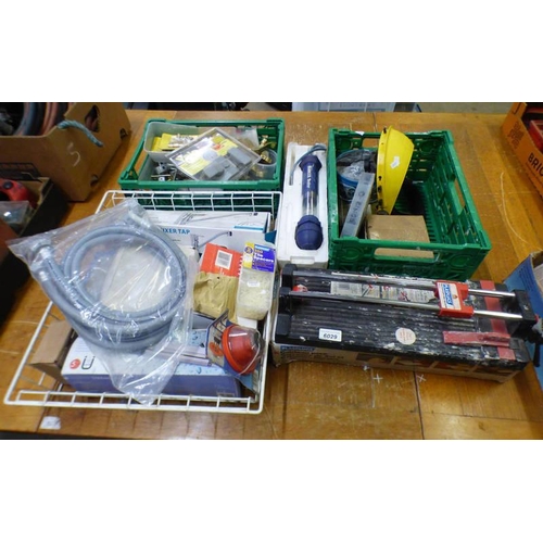 6029 - SELECTION OF VARIOUS TOOLS & HOME FURNISHING ITEMS TO INCLUDE TILE CUTTER WITH BOX, KITCHEN MIXER TA... 