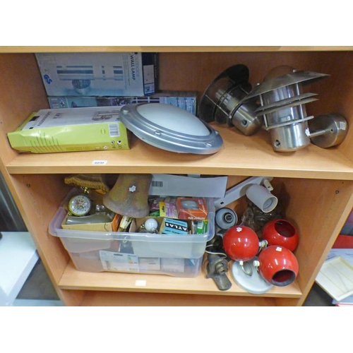 6030 - ASSORTMENT OF VARIOUS LIGHT FIXTURES, SHADES, BULBS, ETC OVER 2 SHELVES