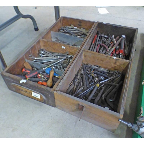 6040 - 2 BOXES OF VARIOUS TOOLS TO INCLUDE SPANNERS, PLIERS, HEX KEYS, ETC