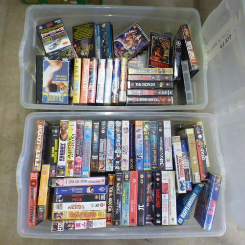 6055 - 2 BOXES OF VARIOUS VIDEO TAPES TO INCLUDE TITLES SUCH AS THE EXORCIST, ROBOCOP, MONTY PYTHON & THE H... 