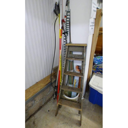 6058 - WOODEN STEP LADDER, LONG REACH GARDEN LOPPERS, ETC